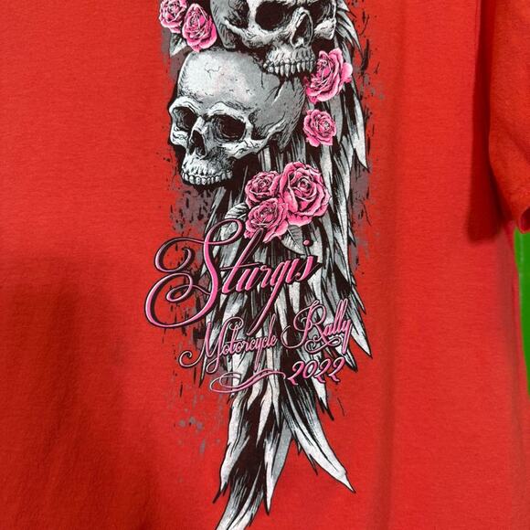 Anvil, Coral Red Graphic Tee with Skull and Roses Sturgis 2022. Size XL. - Picture 2 of 5